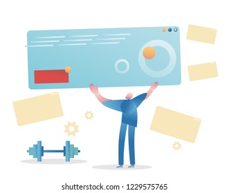 The athlete holds the technology with big hands. A kettlebell is lying on the floor. Vector illustration.
