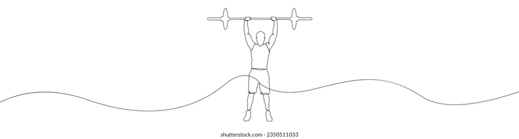 Athlete icon line continuous drawing vector. One line Athlete with a barbell icon vector background. Lifting pants is a sport icon. Continuous outline of a Olympic athlete icon.