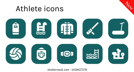 athlete icon set. 10 filled athlete icons.  Simple modern icons about  - Punching bag, Swimming pool, Wushu, Baton, Treadmill, Volleyball, Boxer, Champion belt, Bench press