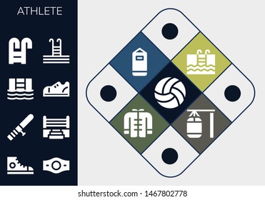 athlete icon set. 13 filled athlete icons.  Collection Of - Volleyball, Sneakers, Champion belt, Baton, Boxing ring, Swimming pool, Swimming, Punching bag, 