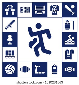 athlete icon set. 17 filled athlete icons.  Simple modern icons about  - Jumping rope, Baton, Punching bag, Run, Swimming pool, Swimming, Volleyball, Hockey pitch, Rugby, Boxing ring
