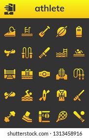 athlete icon set. 26 filled athlete icons.  Collection Of - Sport shoes, Martial arts, Swim, Rowing, Punching bag, Canoe, Jumping rope, Baton, Swimming pool, Boxing ring, Swimming