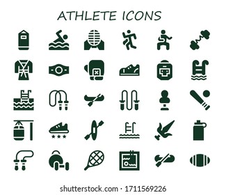 athlete icon set. 30 filled athlete icons.  Simple modern icons such as: Punching bag, Swimming, Martial arts, Run, Barbell, Judo, Champion belt, Boxing gloves, Sneakers, Boxer