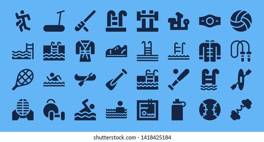 athlete icon set. 32 filled athlete icons. on blue background style Collection Of - Run, Swimming pool, Tennis, Martial arts, Treadmill, Swimming, Swim, Weightlifting, Baton, Judo