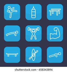 Athlete icon. set of 9 outline athlete icons such as push up, muscular arm, power lifter, rowing, boxing bag, horizontal bar, skating