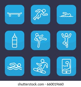 Athlete icon. set of 9 outline athlete icons such as swimmer, snowboard, muscular arm  on phone, running, boxing bag, skating, man doing exercises