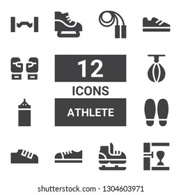 athlete icon set. Collection of 12 filled athlete icons included Punching bag, Ice skate, Shoes, Shoe, Punching ball, Boxing gloves, Barbell, Jumping rope