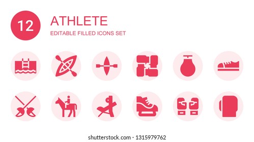 athlete icon set. Collection of 12 filled athlete icons included Pool, Kayak, Arms, Punching ball, Fencing, Horseback, Bench press, Ice skate, Boxing gloves, Shoes