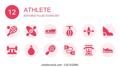 athlete icon set. Collection of 12 filled athlete icons included Tennis, Kayak, Shoes, Punching ball, Barbell, Punching bag, Chest expander, Gym bars, Shoe