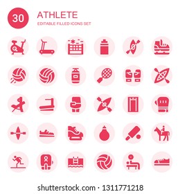athlete icon set. Collection of 30 filled athlete icons included Treadmill, Volleyball, Isotonic, Kayak, Punching bag, Tennis, Boxing gloves, Bench press, Boxing, Shoe, Ice skate
