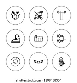 Athlete icon set. collection of 9 outline athlete icons with barbell, canoe, football, skier, sport shoes, swimming icons. editable icons.