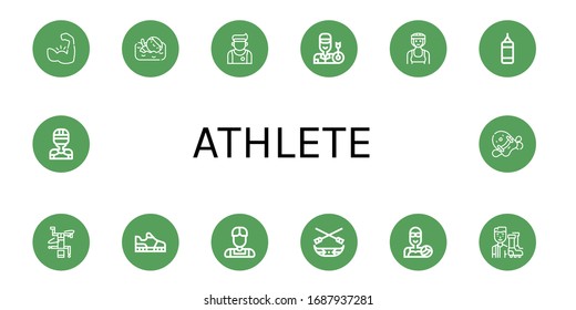 athlete icon set. Collection of Muscle, Swimmer, Athlete, Archer, Boxer, Punching bag, Breakdance, Running shoes, Canoe, Water polo, Football player, Hockey player, Pool kickboard icons