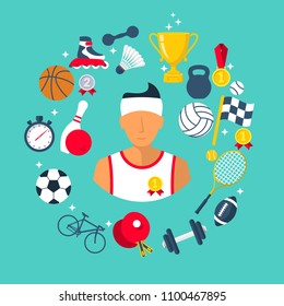 Athlete icon sports items. Sports abstract background. Flat style. Vector illustration cartoon design. Isolated on white background. Football basketball volleyball tennis medal cup bike weightlifting.