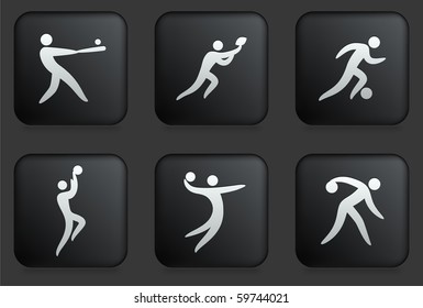 Athlete Icons on Square Black Button Collection Original Illustration