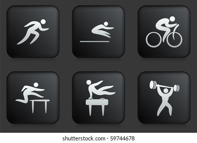 Athlete Icons on Square Black Button Collection Original Illustration