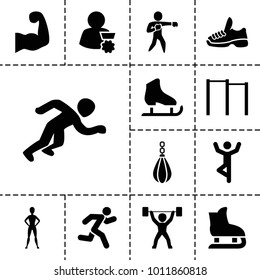 Athlete icons. set of 13 editable filled athlete icons such as horizontal bar, man doing exercises, running, karate, muscular arm, power lifter, trainers, man with medal