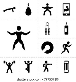 Athlete icons. set of 13 editable filled athlete icons such as expander sport, man doing exercises, boxing bag, karate, muscular arm  on phone, power lifter, sport expander