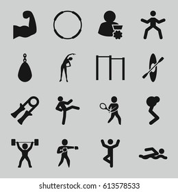 Athlete icons set. set of 16 athlete filled icons such as exercising, tennis playing, karate, muscular arm, power lifter, rowing, man with medal, sport expander