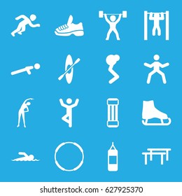 Athlete icons set. set of 16 athlete filled icons such as exercising, push up, bar   tightening, running, power lifter, trainers, rowing, swimmer, ice skate, expander sport