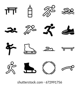 Athlete icons set. set of 16 athlete filled and outline icons such as running, trainers, swimmer, horizontal bar, man doing exercises, swimming man, ice skating, boxing bag