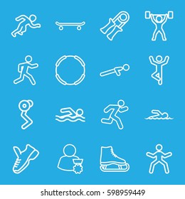 athlete icons set. Set of 16 athlete outline icons such as push up, running, swimmer, power lifter, trainers, man with medal, sport expander, skating, man doing exercises