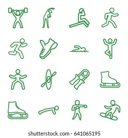 Athlete icons set. set of 16 athlete outline icons such as exercising, running, swimmer, karate, snowboard, power lifter, trainers, rowing, sport expander, man doing exercises