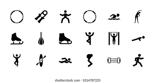 Athlete icons. set of 18 editable filled athlete icons: exercising, ice skate, sport expander, man doing exercises, swimming man, hoop, push up, running, rowing