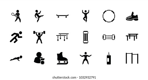 Athlete icons. set of 18 editable filled athlete icons: expander sport, horizontal bar, skating, running, tennis playing, power lifter, trainers, man with medal, boxing bag