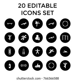 Athlete icons. set of 20 editable filled athlete icons such as expander sport, horizontal bar, skating, man doing exercises, hoop, push up, running, trainers, man with medal