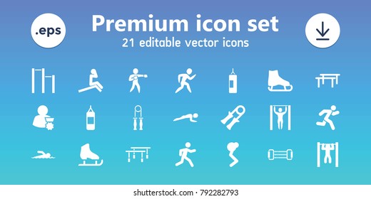 Athlete icons. set of 21 editable filled athlete icons includes ice skate, sport expander, boxing bag, horizontal bar, man doing exercises, running, bar   tightening, karate