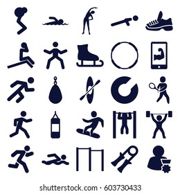 Athlete icons set. set of 25 athlete filled icons such as exercising, push up, running, bar   tightening, tennis playing, snowboard, muscular arm  on phone, power lifter