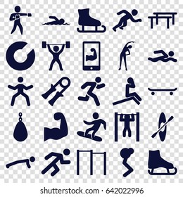 Athlete icons set. set of 25 athlete filled icons such as exercising, bar   tightening, running, karate, snowboard, muscular arm  on phone, muscular arm, power lifter, rowing