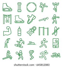 Athlete icons set. set of 25 athlete outline icons such as exercising, push up, running, bar   tightening, swimmer, tennis playing, karate, snowboard, muscular arm  on phone