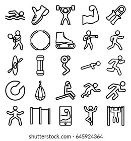 Athlete icons set. set of 25 athlete outline icons such as push up, running, bar   tightening, tennis playing, karate, muscular arm  on phone, muscular arm, power lifter