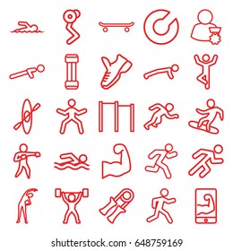 Athlete icons set. set of 25 athlete outline icons such as exercising, push up, running, swimmer, karate, snowboard, muscular arm  on phone, muscular arm, power lifter