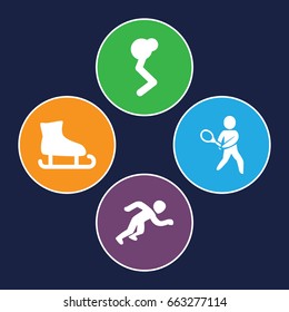 Athlete icons set. set of 4 athlete filled icons such as tennis playing, running, man doing exercises