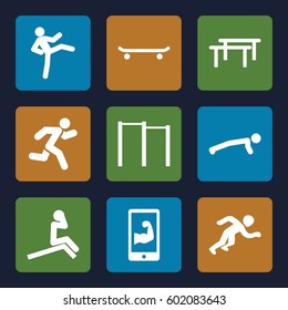 athlete icons set. Set of 9 athlete filled icons such as running, muscular arm  on phone, horizontal bar, skating
