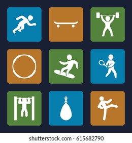 Athlete icons set. set of 9 athlete filled icons such as bar   tightening, tennis playing, snowboard, running, power lifter, skating, man doing exercises, hoop