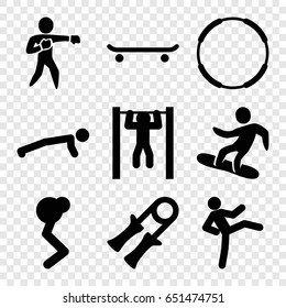 Athlete icons set. set of 9 athlete filled icons such as bar   tightening, karate, snowboard, sport expander, skating, man doing exercises
