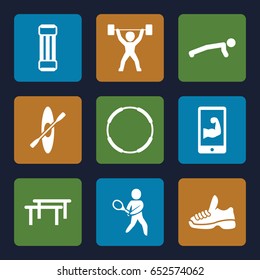 Athlete icons set. set of 9 athlete filled icons such as tennis playing, muscular arm  on phone, power lifter, trainers, rowing, expander sport, horizontal bar