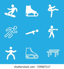 Athlete icons set. set of 9 athlete filled and outline icons such as push up, karate, snowboard, running, ice skate, man doing exercises