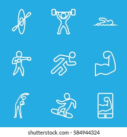 athlete icons set. Set of 9 athlete outline icons such as exercising, running, swimmer, karate, snowboard, muscular arm  on phone, muscular arm, power lifter