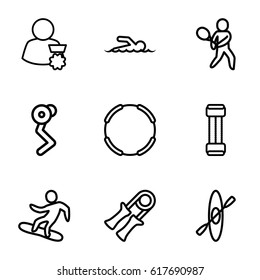 Athlete icons set. set of 9 athlete outline icons such as swimmer, tennis playing, snowboard, rowing, man with medal, expander sport, sport expander, man doing exercises