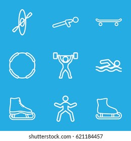 Athlete icons set. set of 9 athlete outline icons such as push up, power lifter, rowing, skating, man doing exercises, swimming man, hoop, ice skating