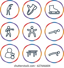 Athlete icons set. set of 9 athlete outline icons such as exercising, push up, karate, trainers, man with medal, horizontal bar, man doing exercises