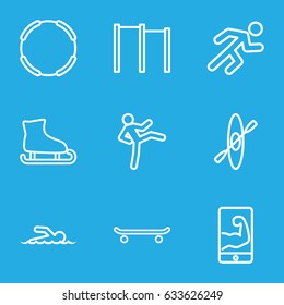 Athlete icons set. set of 9 athlete outline icons such as running, swimmer, muscular arm  on phone, rowing, horizontal bar, skating, man doing exercises, hoop