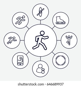 Athlete icons set. set of 9 athlete outline icons such as running, muscular arm  on phone, rowing, man with medal, man doing exercises, hoop