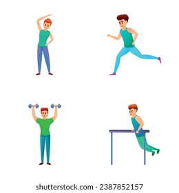 Athlete icons set cartoon vector. Man and woman doing sport. Active lifestyle