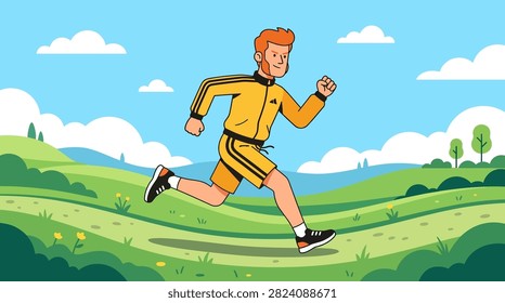 Athlete jogging through rural countryside path.