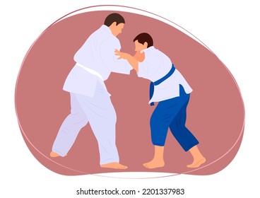 Athlete Judoist, Fighter In A Duel, Fight. Judo Sport, Martial Art. Flat Style.